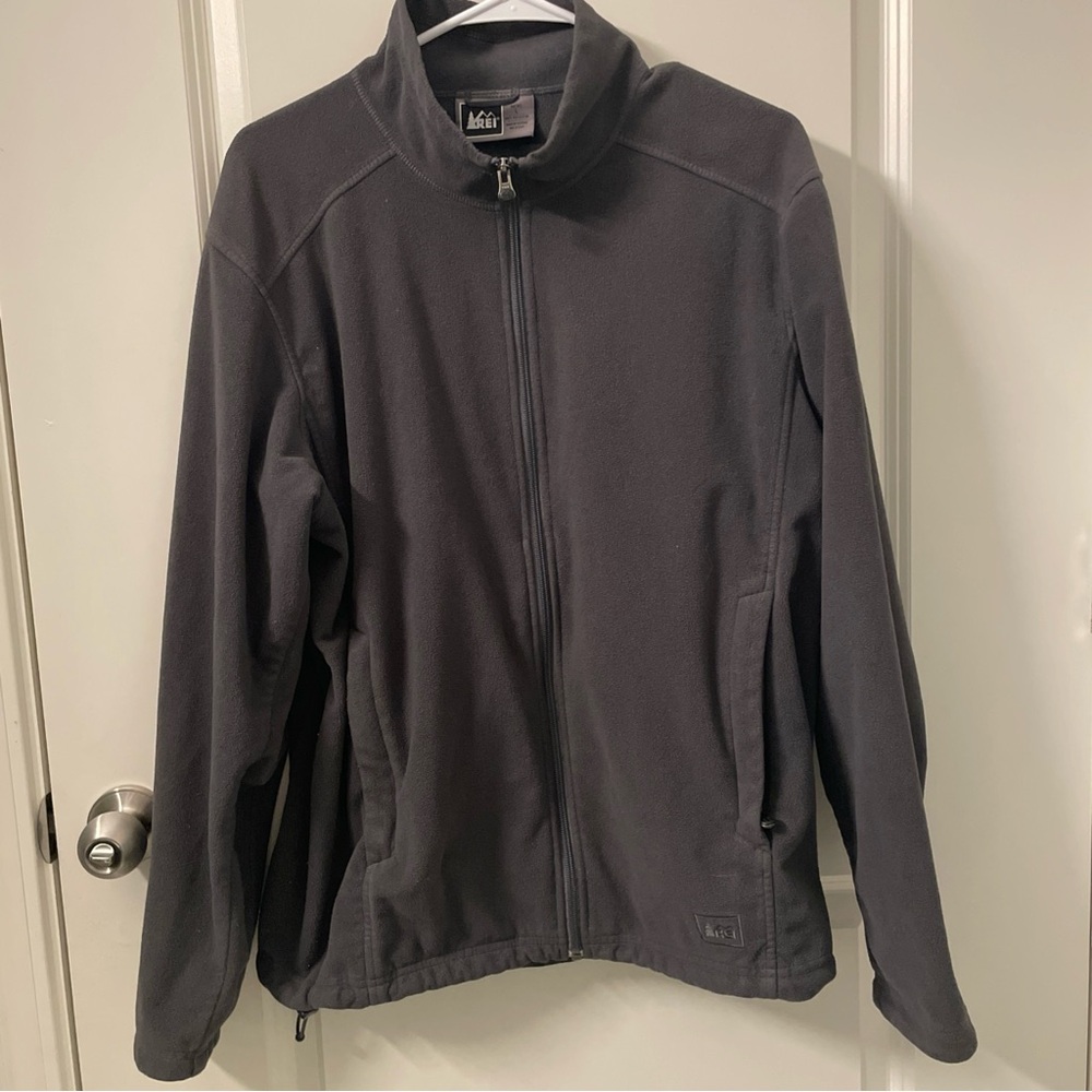 REI Mens L Full Zip Knit Hoodie Gray Jacket Zip Pockets Fleece Polyester 2010
